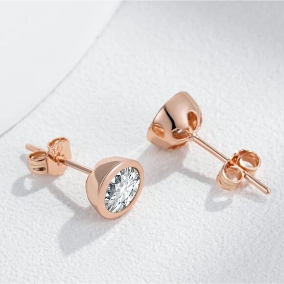 14K Rose Gold Natural Zircon Bezel Stud Earrings - Picture 2 of 4